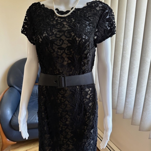 Chetta B Sherrie Bloom Peter Noviello Black Lace Cocktail Dress Sz 12 Bow Belt - Picture 7 of 11